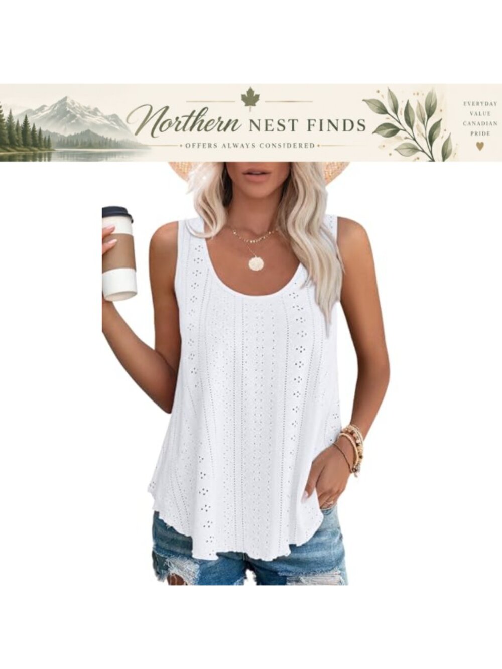 Isermeo Womens Tank Top Eyelet Embroidery Scoop Neck Sleeveless Loose Fit